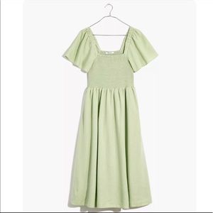 Madewell Linen-blend Lucie Smocked Midi Dress — Mint Green XL